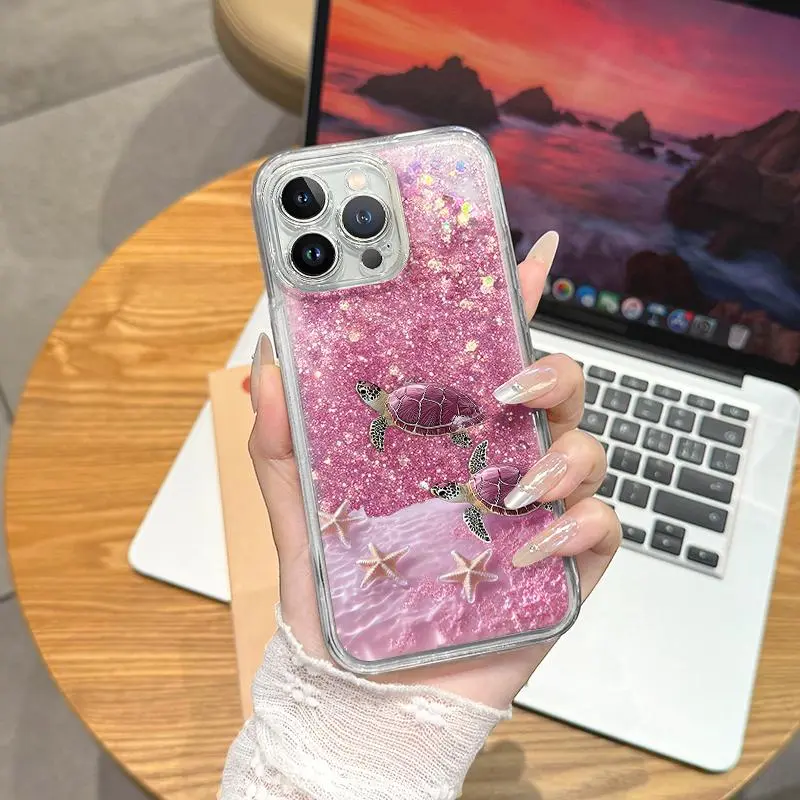 Suitable for [iPhone 13 Pro Max] Viral Beachy Mermaid Aesthetic Quicksand Glitter Phone Case, Flowing Pink Sparkle Liquid Design, For iPhone，Flexible Drop Resistant TPU Ocean Animal Protective Case for Women-JS996