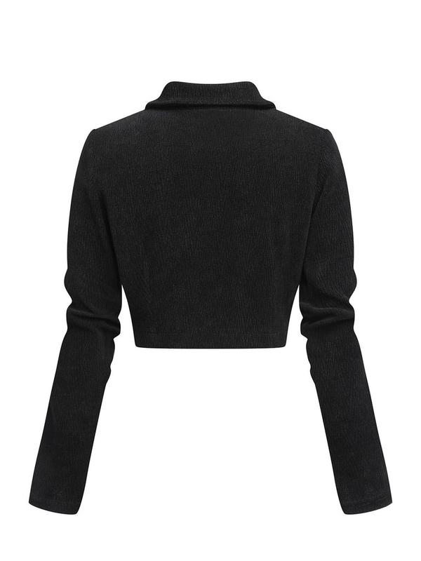 BLACK 1950S TEXTURED KNITTED CROP JACKET Fitted Long Sleeve Casual Outerwear for All Seasons Women's Coats & Tops Basic Pieces Womenswear