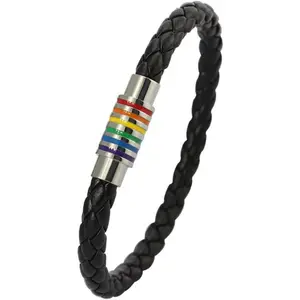 Titanium Stainless Steel Rainbow LGBT Pride Bracelet Handmade Braided LGBTQ Pride Bracelets PU Leather Weave Plaited Wristband Jewelry