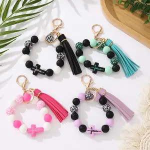 Jesus Cross Beaded Keychain Tassel Silicone Leopard Print Christian Faith Bag Accessory for Women Girls Daily Wear Gift