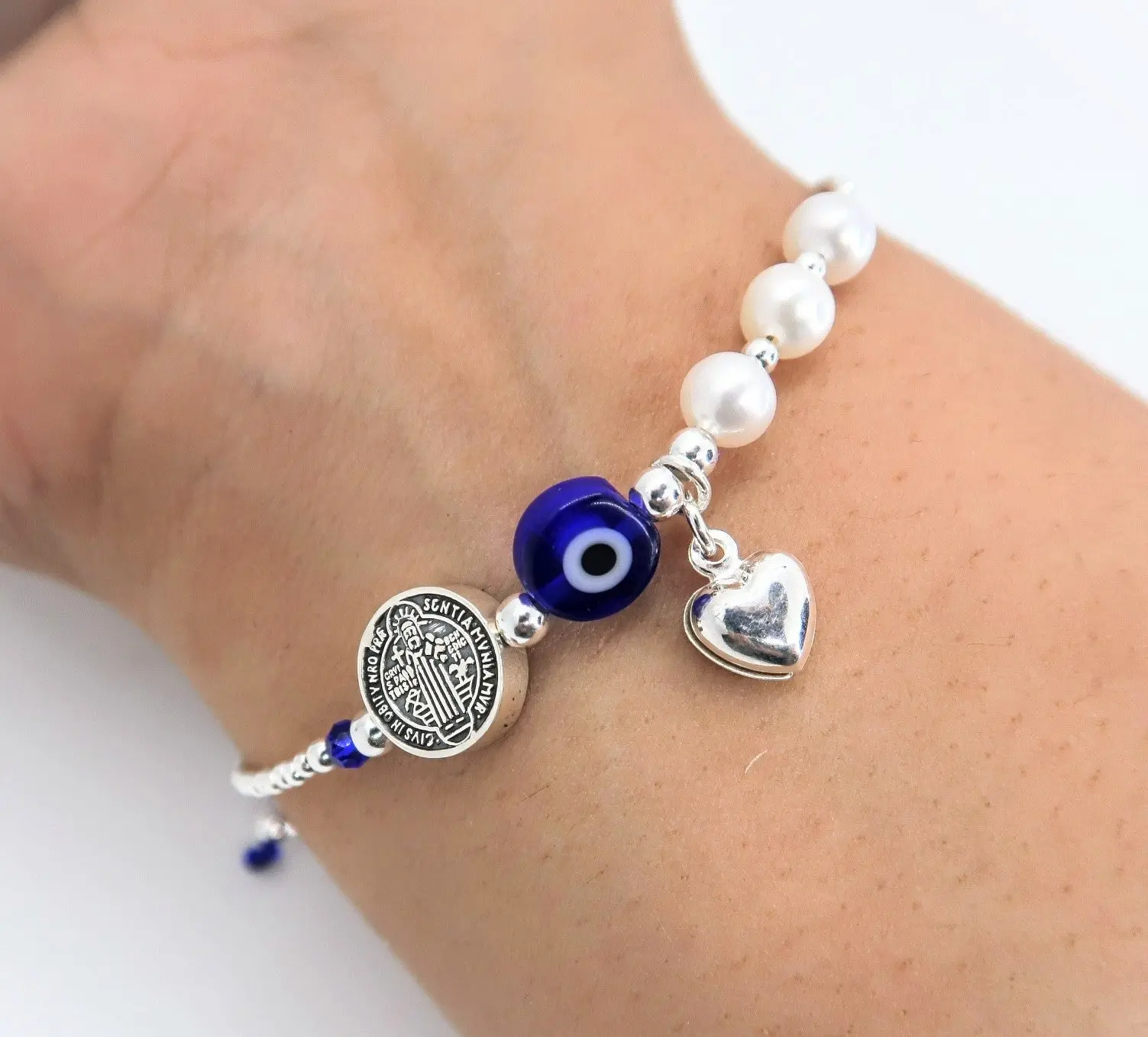 Pulsera San Benito, Ojo, Corazon de Plata