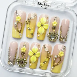 KissMuse Nails | Sunshine Wings | ST-B001 |  Yellow French Tip Press On Nails, 3D Butterfly Rhinestone Square Nails