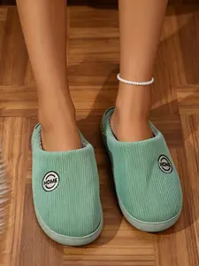 Women's Plush Thick Sole Slippers, Tpr Rubber Bottom, Fall & Winter Warm Indoor Shoes, Casual Textile Upper, Medium Width, Plain Pattern Footwear