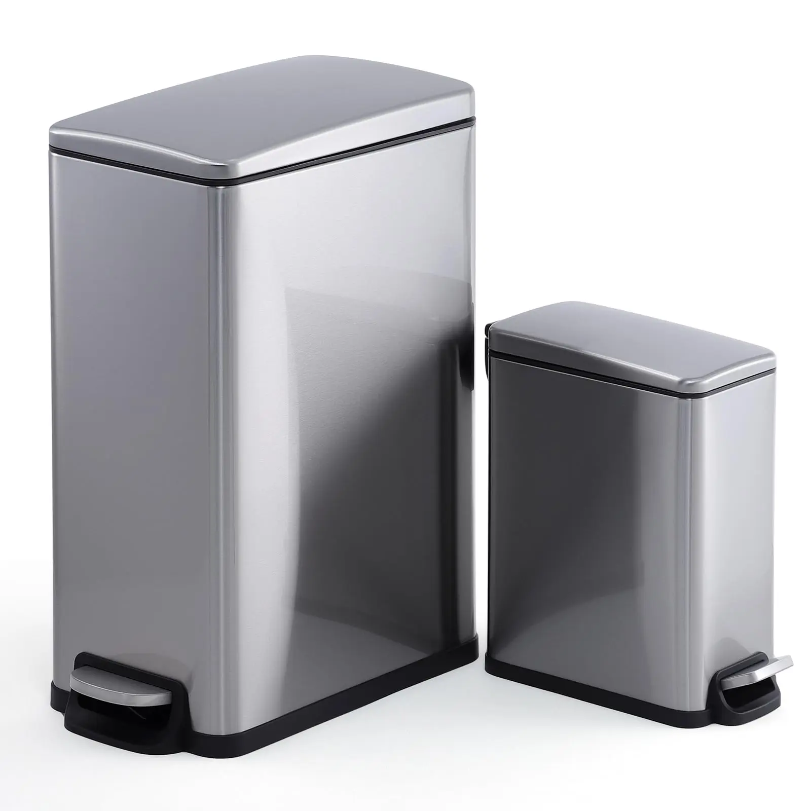 Slim Stainless Steel Kitchen Trash Can - 2.6+12 Gallon Step-On Pedal with Soft Close Lid - Removable Liner & Rear Handle - Narrow Space-Saving Bin - Ideal for Home, Office, Bathroom