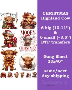 Christmas Highland Cow DTF Transfers Gang Sheet 12 Designs 23x40" Ready To Press for Cotton Polyester & Blends Same/Next Day Shipping