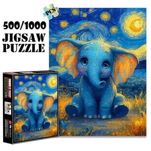 1pc 1000 piece adult puzzle 70x50cm Adorable Elephant Under Starry Night Sky 500 pieces of paper jigsaw puzzle, suitable for adults and families, large-scale DIY puzzle interactive toy games, birth