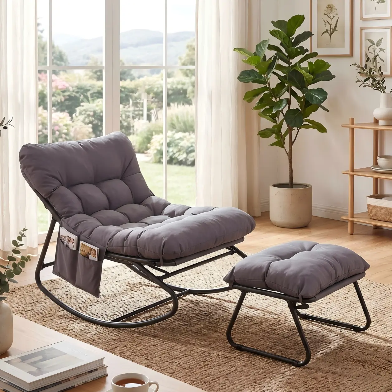 Arlopu Outdoor Papasan Rocking Chair with Ottoman, Lounge Chair W/Cushion | Patio Rocker Chair with Sturdy Metal Frame & Side Pocket, for Balcony Backyard Porch Bedroom