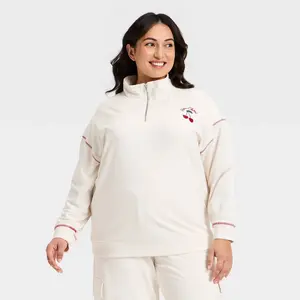Women's French Terry Pullover Mockneck Sweatshirt - Ava & Viv Cream Cherries 2X