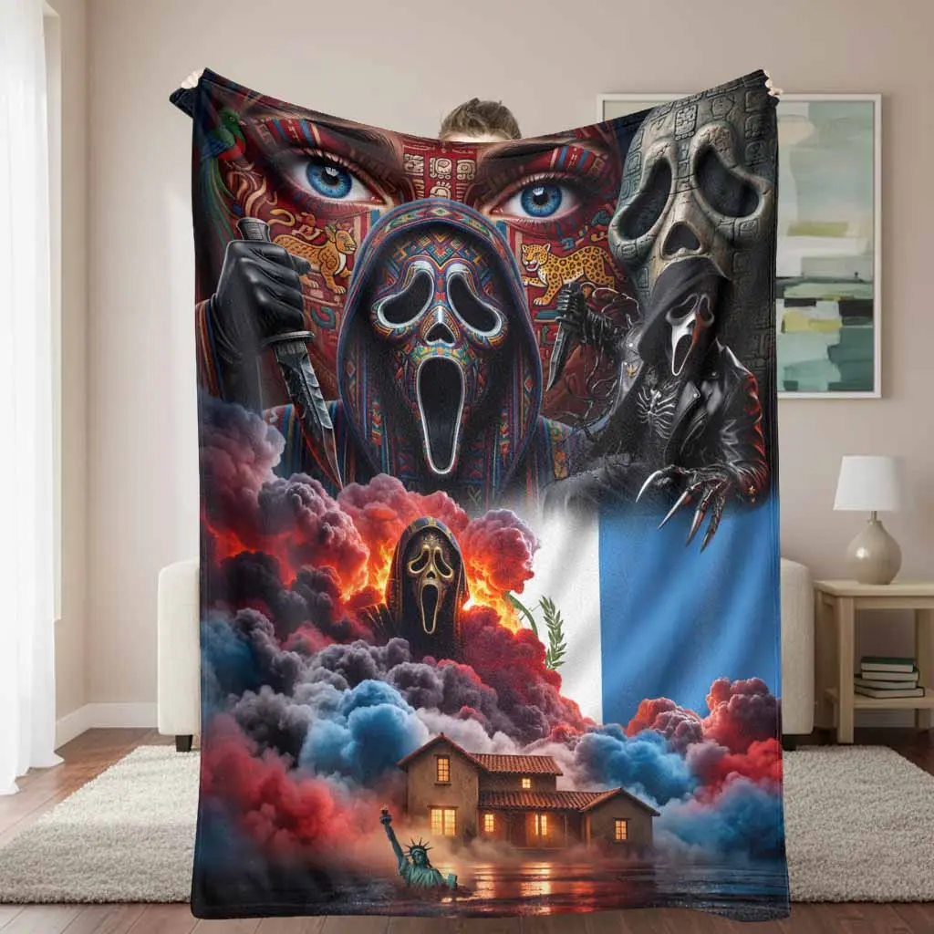 Mayan Mask Pattern Tribal Blankets - Artistic Totem Graphic Flannel Throw, Super Soft Lightweight Fade-Resistant High-Quality Fabric, Ideal for Sofa Nap, Gothic Home Aesthetic Decor, Gift for Mystery Enthusiasts