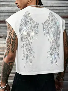 Men's White Cropped Sleeveless T-Shirt, Rhinestone Angel Wings Crew Neck Tank Top, Casual Streetwear Top Suitable For Daily And Hip Hop Style Outfits