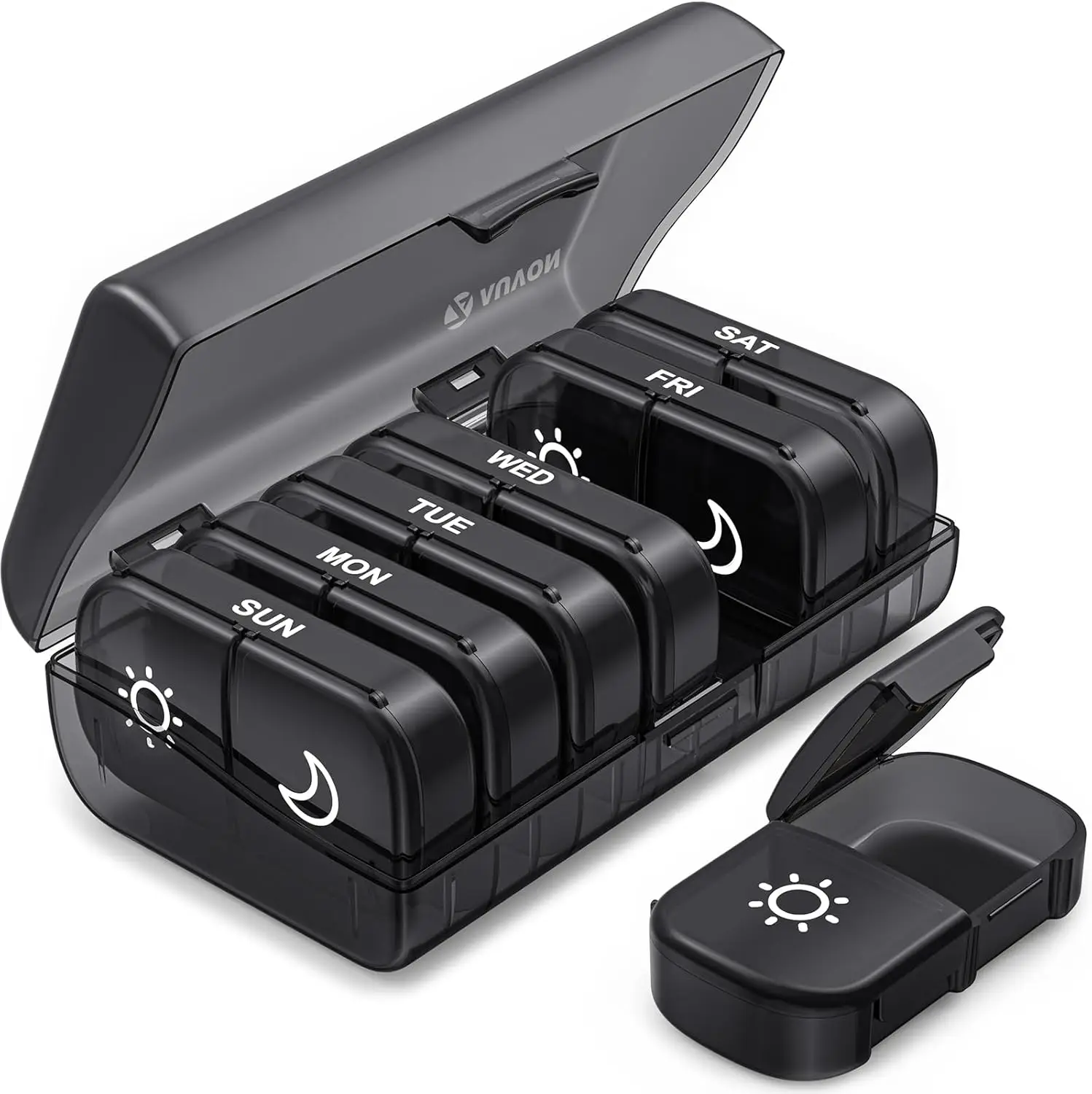 XL Weekly Pill Organizer - 2 Times a Day Pill Box with One-Side Large Openings, Black Privacy Protection AM/PM Case for Healthcare and Aids