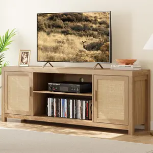 58 InchRattan TV Stand for 65 Inch TVs - Boho Entertainment Center with Storage & Doors, Wood Media Console Under TV Cabinet for Living Room