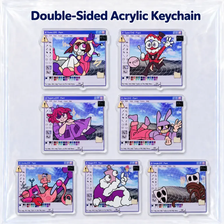 The Amazing Digital Circus Pomni, Jax & Friends Double-Sided Acrylic Keychain: Caine, Pomni, Jax, Ragatha, Gangle, Zooble, Kinger, Cute, perfect for attaching to bags, keys, or as a gift. Great for everyday use.