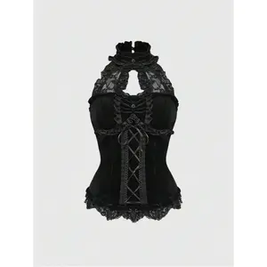 Goth Stand Collar Velvet & Lace Patchwork Tie-Up Waist Women Camisole