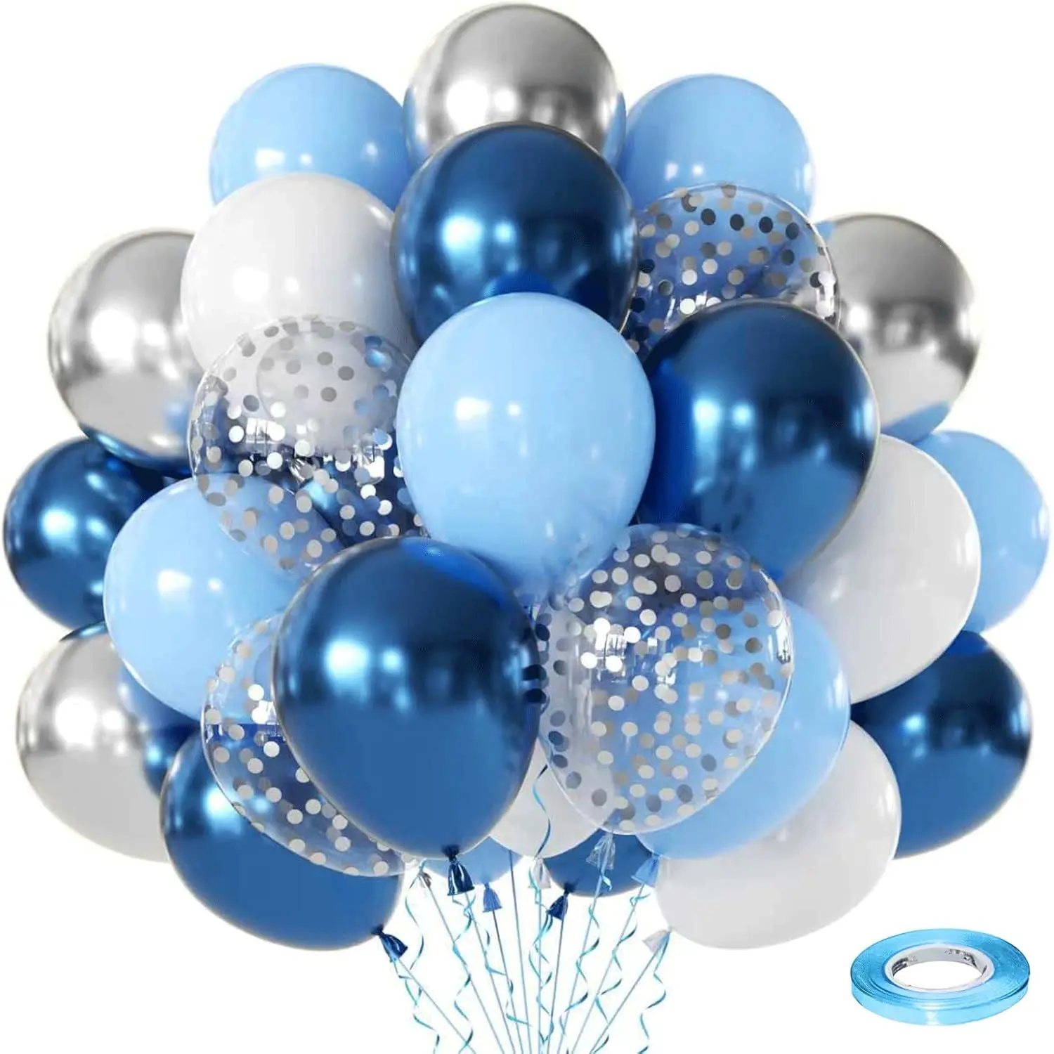 Blue White  Balloons Set,50Pcs 12 Inch Metallic Dark Blue Sliver Balloon Royal Light Blue white with  Confetti Balloons for Birthday Graduation Wedding  Party Decoration