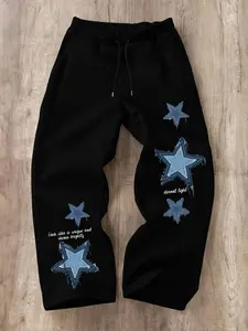 Unisex Y2K Distressed Jeans Star Print High Waist Wide Leg Pants, Retro Unique Stars Slogan, Elastic Drawstring Streetwear Street Style Long Trousers