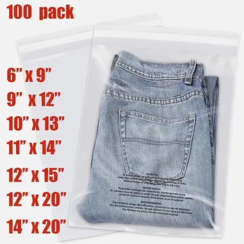 Rectangular Self-Seal Gummed Poly Bags with Suffocation Warning - 100 Pack, Food Grade, Durable, Reliable, Easy Peel & Seal, Dustproof Home & Warehouse Organizers, Storage Bags for Retail Use (6x9,9x12,10x13,11x14,12x15,12x20,14x20 in)