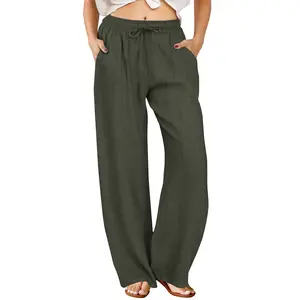 FireSwan Womens Palazzo Pants Casual Drawstring Flowy Pants Wide Leg Summer Beach Linen Trousers with Pockets