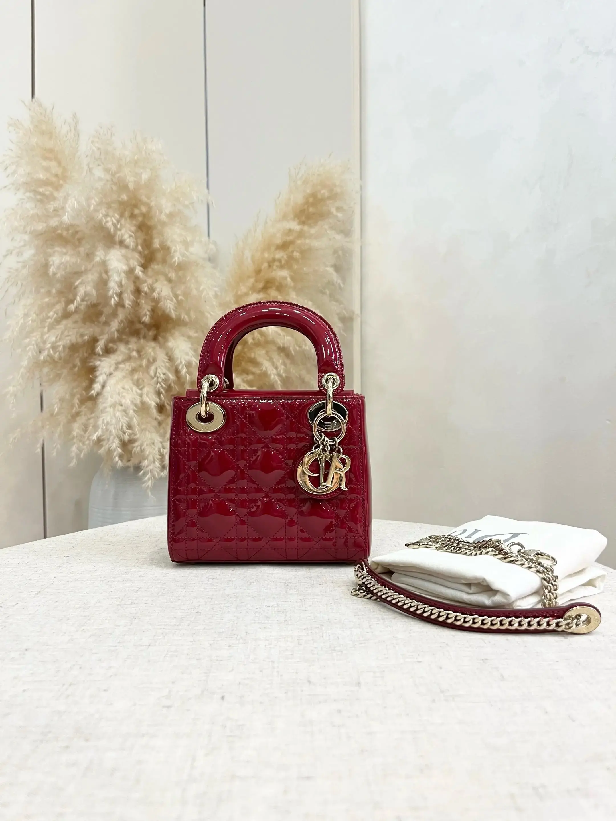 Pre-owned Dior Lady Mini,Red Patent Calfskin Silver Hardware
