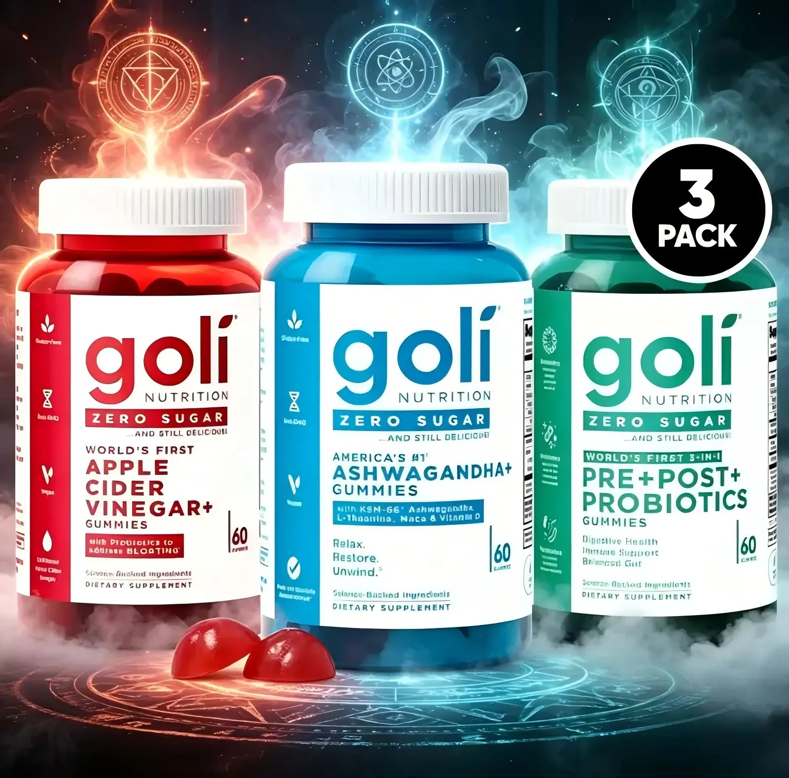 Goli Nutrition Zero Sugar 3 Pack Gummies Bundle | Apple Cider Vinegar, Ashwagandha, Pre+Post Probiotics, Gut Digestion