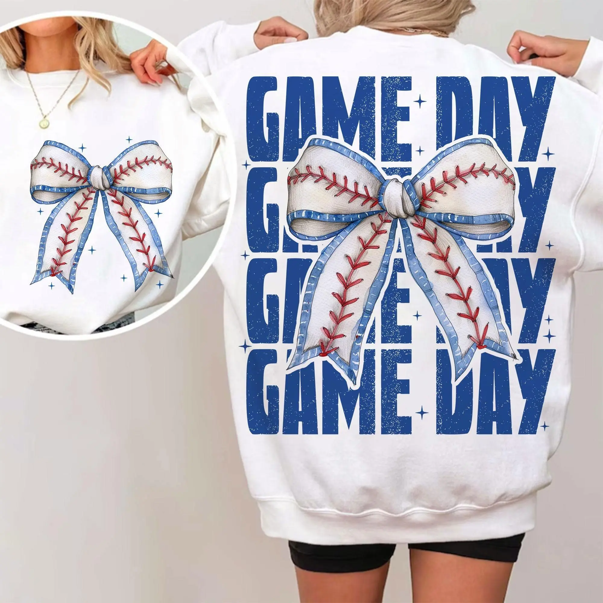 Game Day Baseball Bow 2 Sided Pullover Sweatshirt, Baseball Gameday Coquette Bow Tee, Baseball Mom Mama Gifts