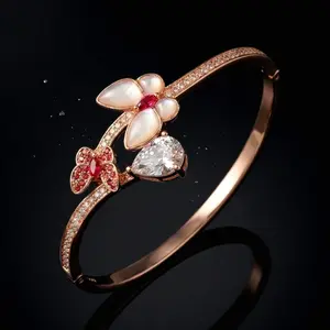 VAELUME 18K Rose Gold Plated Mother of Pearl Butterfly Bangle, Red Ruby Color & Pear Cut Zircon Cuff, Perfect for Daily Wear, Anniversaries,Birthday Gift for Women and Girls # B0021
