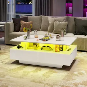 High Glossy  Coffee   Storage For Living Room Modern Center   Open Display Shelf & 4 Sliding Drawers &  Lights LED with Table