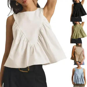 YeoKou Womens Peplum Tops for Women Shirred Swing Tank Tops Pleated Flowy Vest Casual Sleeveless Blouse Loose Fit Ruffled Shirts