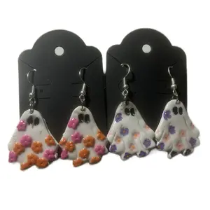 Ghost Earrings - Unique Design with Colorful Floral Patterns on White Ghost Shapes