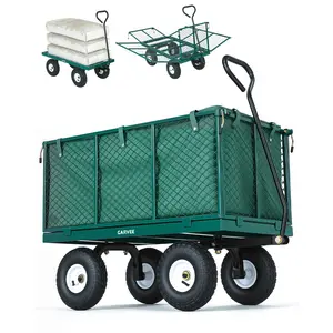 800LBS Heavy Duty Steel Garden Cart Wagon – 10" All-Terrain Pneumatic Tires – Removable Mesh Sides – Outdoor Metal Utility Yard Cart for Landscaping, Gardening