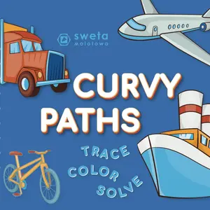 Curvy Paths: Trace, Color, Solve: Coloring-tracing book for boys aged 4-8 on the theme of transportation, with fun puzzles.