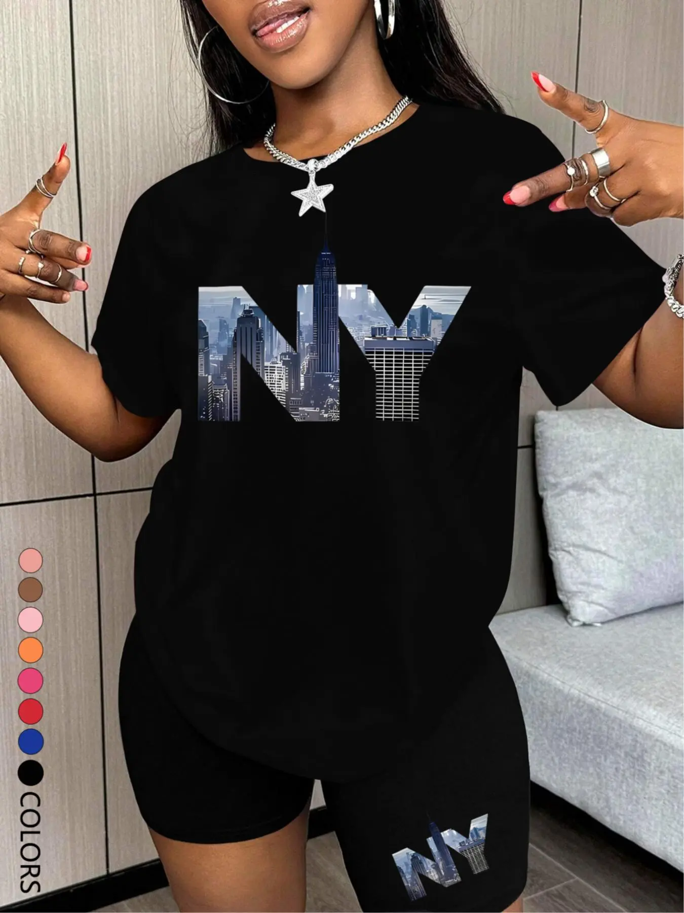 Two-Piece Set Women's NY Letter Print Short Sleeve Tee & Skinny Shorts, Casual Round Neck T-Shirt & Shorts for Daily Wear, Ladies Summer Clothes, Fashion Style Sets, Suits, Biker Shorts Set, Summer Clothing Set