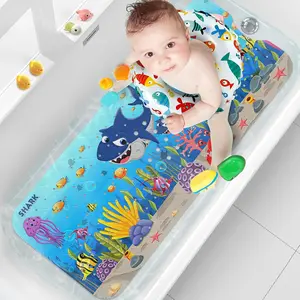 Shark Baby Bath Mat for Tub Non Slip 40x16 Extra Long Bathtub Mat with Suction Cups Drain Holes Safety Kids Mat Machine Washable