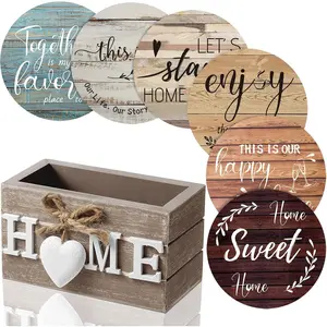 Set of 6 Coasters House Warming Gifts for New Home Wooden Farmhouse Drink Coasters with Holder 4 Inch Funny Decoration for Kitchen Coffee Bar Tabletop Protection