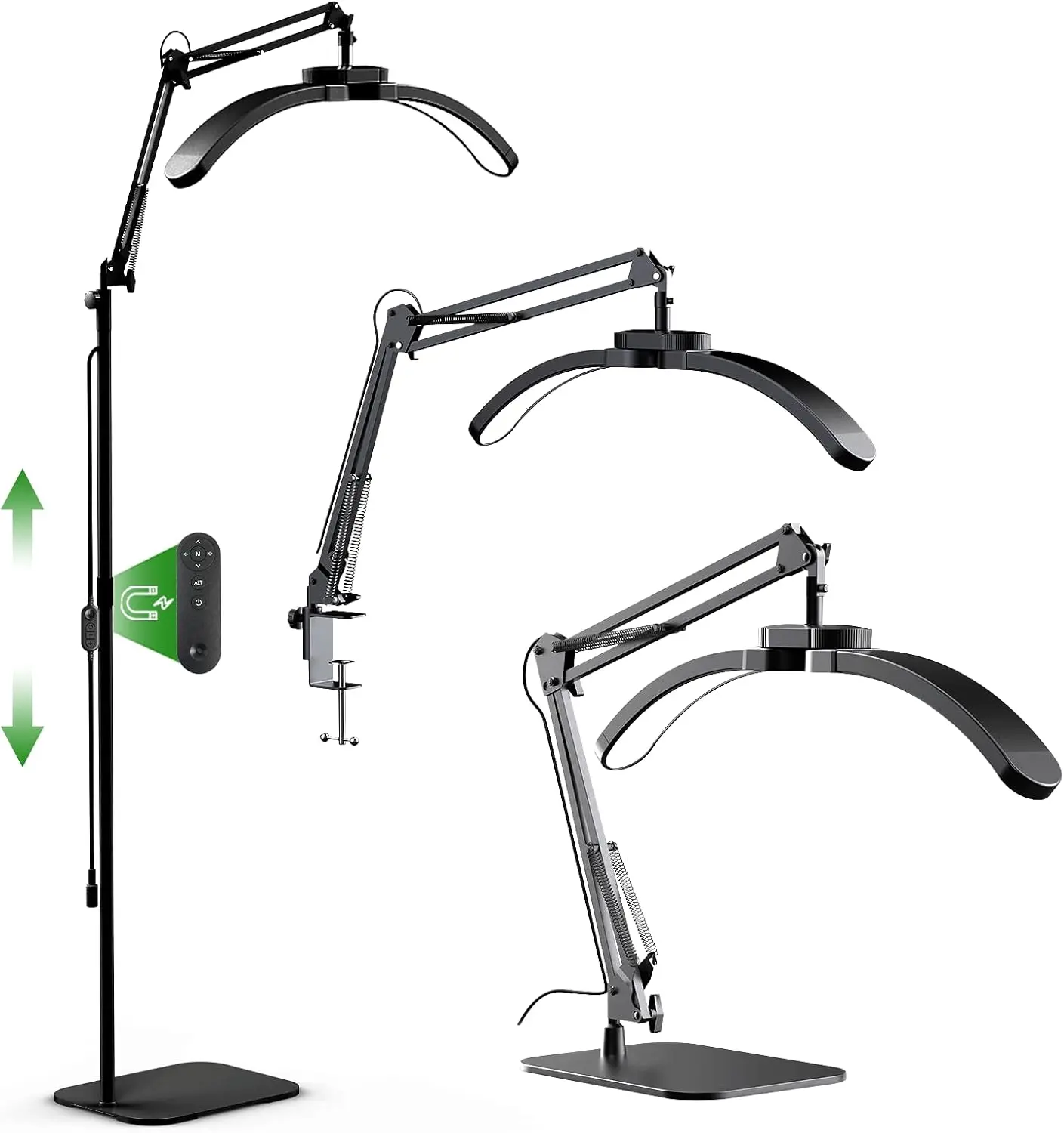 22" 3-in-1 Multi-Lamp Half Moon Lash LED Beauty Lighting, Aluminum Base, CRI >95 LEDs, Shadow-Free, Remote-Controlled, 3 Color Modes, Adjustable Brightness & Height, Floor/Clip-On/Tabletop Mount, for Eyelash Craft, Salon Use