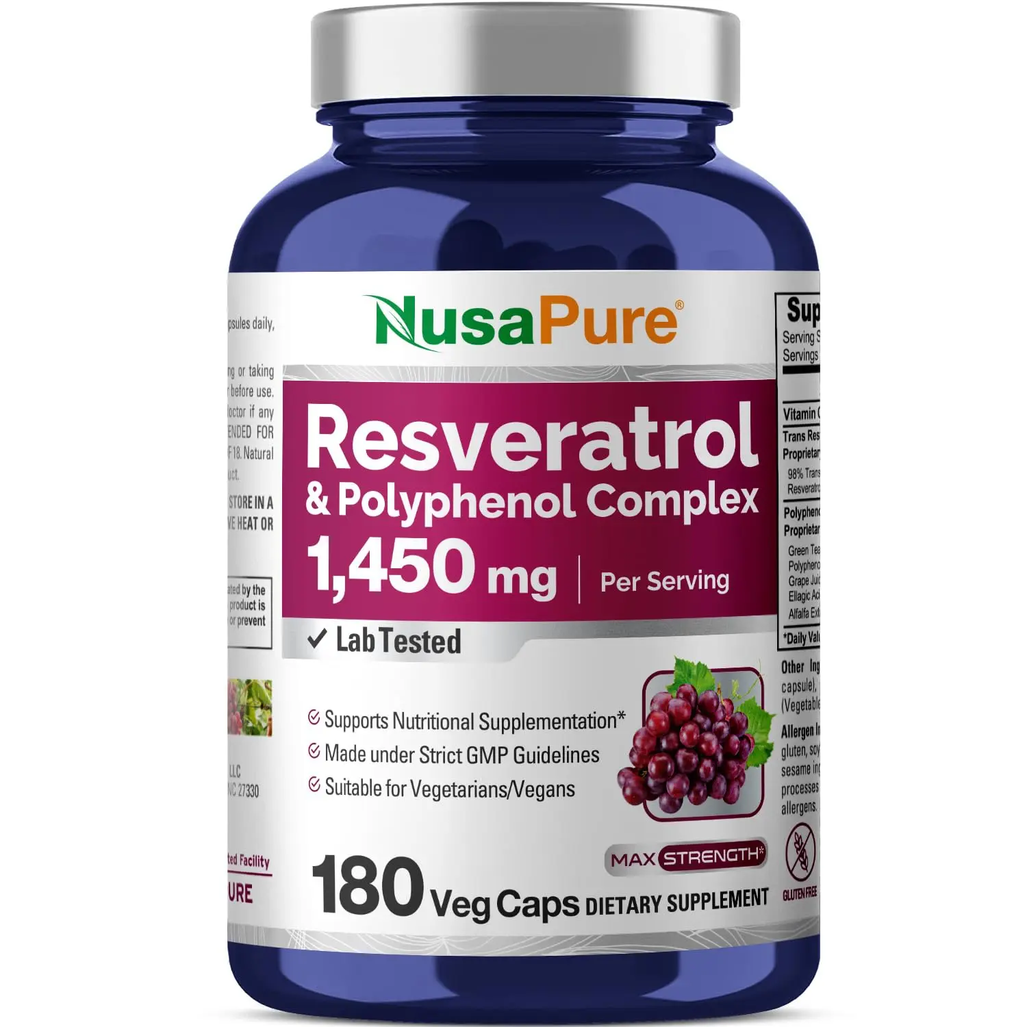NusaPure Resveratrol & Polyphenol Complex Dietary Supplement, 1450mg, 180 Vegetarian Capsules - Non-GMO, Vegan, Vitamin C, Antioxidant Support, Metabolism Boost, GMP-Certified Vitamins Supplements, Anti Aging Supplements, Advanced Dietary Supplement