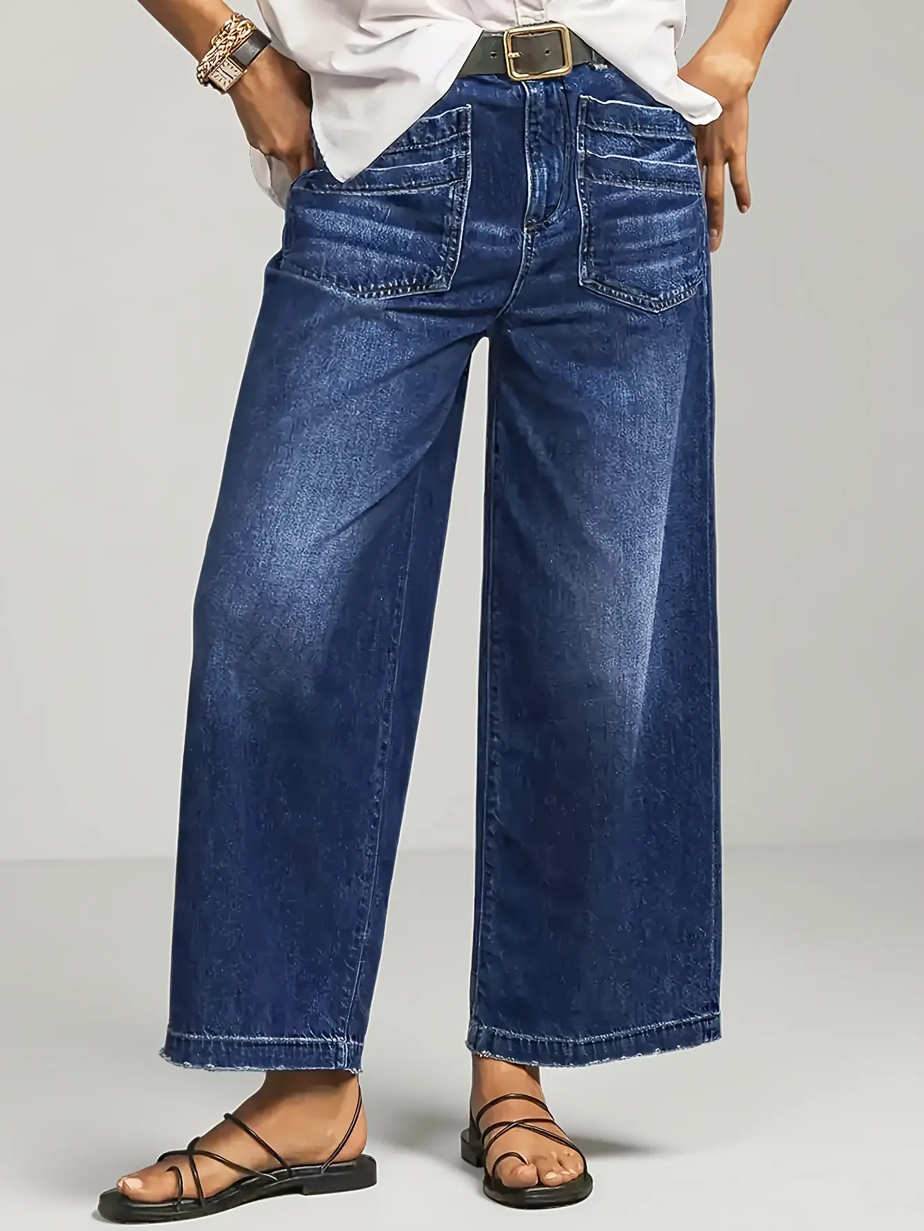 Women's Sidefeel High-Waisted Stretchy 9-in Wide Leg Ankle Denim Pants, 4 Patch Pockets, Soft Comfy, Versatile for Casual Vacations