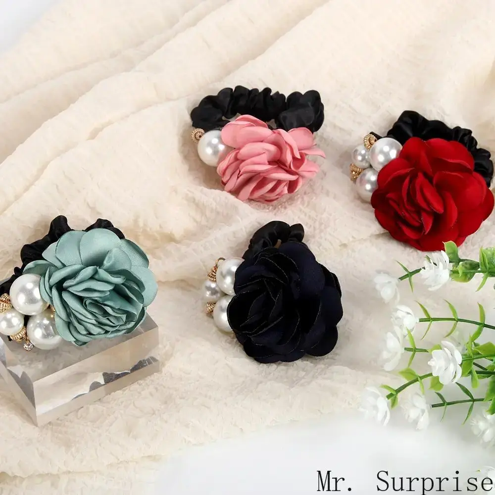 Women's Unisex 4-Piece Korean Fashion Hair Ties Set - Elegant Pearl, Rose Flower, Rhinestone Scrunchies, Luxury Elastic Hair Accessories for Daily, Spring Outfits