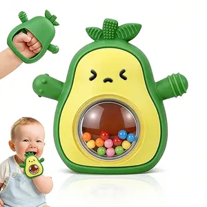 cute avocado Shaped Baby Teething Rattle, Multi-Textured Silicone Teether with Multiple Chew Points,Hand Grip Rattle Teether, Sensory Play Toy