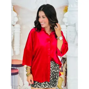 Red Prim Button Up Velvet Top (Reg. and Plus)