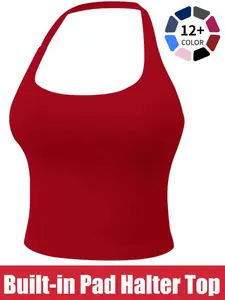 Women's Solid Removable Chest Pad Sports TankTop, Casual Comfort and Durability Halter NeckSports Top for Yoga Gym Workout, Ladies Sportswearfor All Seasons Gym Workout Tops, Athletic Top