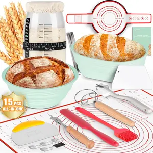Complete Sourdough Starter Kit with 35OZ Jar & 15PCS ALL-IN-ONE Sourdough Bread Baking Supplies, Sourdough Bread Starter Kit Including 2 Silicone Basket, Baking Mat Dough Scraper, Lid & More(Green)