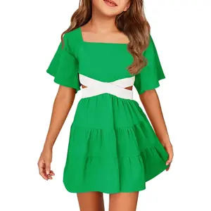 Girls Summer Dress Square Neck Short Sleeve Crossover Waist Casual A-line Mini Dress