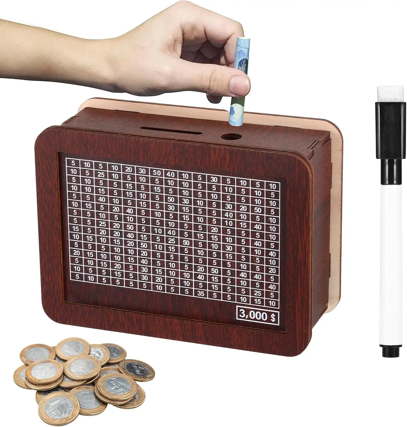 Dark Brown Wooden Piggy Bank, 1pc Coin Savings Box with Savings Target, Cash Coin Jar for Kids, Bedroom Home Decor & Holiday Gift couple balsa