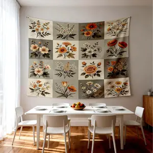 Vintage Floral Checkerboard Wall Tapestry, Soft Microfiber Fabric, Machine Washable, All Season, Photo Prop, Perfect for Bedroom Living Room Cottage Decor, Gift Idea