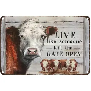 Vintage Metal Tin Sign Live Like Someone Left The Gate Open Hereford Cow Rustic Wall Decor For Home Bedroom Bar Cafe Club 12x16 inch