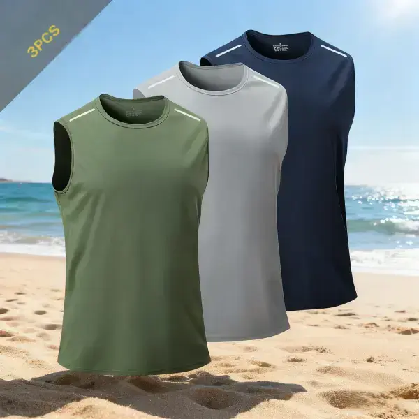 Men's 3-Piece Solid Color Ice Silk Training Vests, Sporty Fitted Sleeveless Tops for Summer Fitness, Stretchy & Lightweight, Tight Fit, U Neck, Outdoor Workouts, Father's Day Gift, Twill, Sporty Chic, 3-Pack, Unisex, Quick Dry, 3-Piece Set