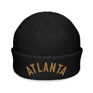 Atlanta Embroidered Fisherman Beanie | Old Gold Thread | Georgia ATL GA Trendy Curved Text Knit Beanie
