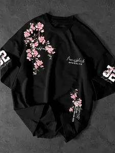 Unisex Oversized Cherry Blossom Graphic T-Shirt, Japanese Sakura Print Casual Loose Fit Streetwear Tee, Breathable  Floral Aesthetic Top for Spring Summer Daily Wear