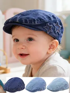 Cartoon Star Denim Beret Hat, Cute Summer & Fall Sun Protection Cap, Casual Fashion Outdoor Play Walk Travel for Kids 1-3 Years